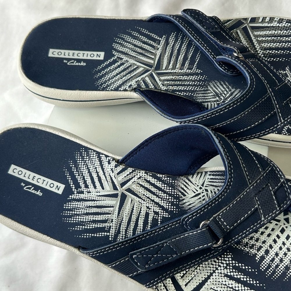 Clarks Navy Blue Palm-Print Slide Sandals